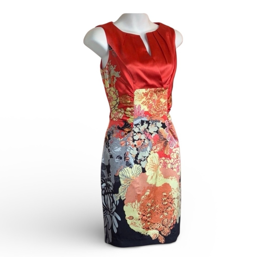 KAY UNGER Colorful Ruched Silk Floral Sheath Dress - Sleeveless, Asian flavor. 4
